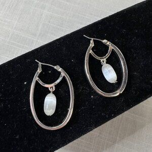Vintage Monet Silver Tone Hoop Earrings with Cats Eye White Bead Drop